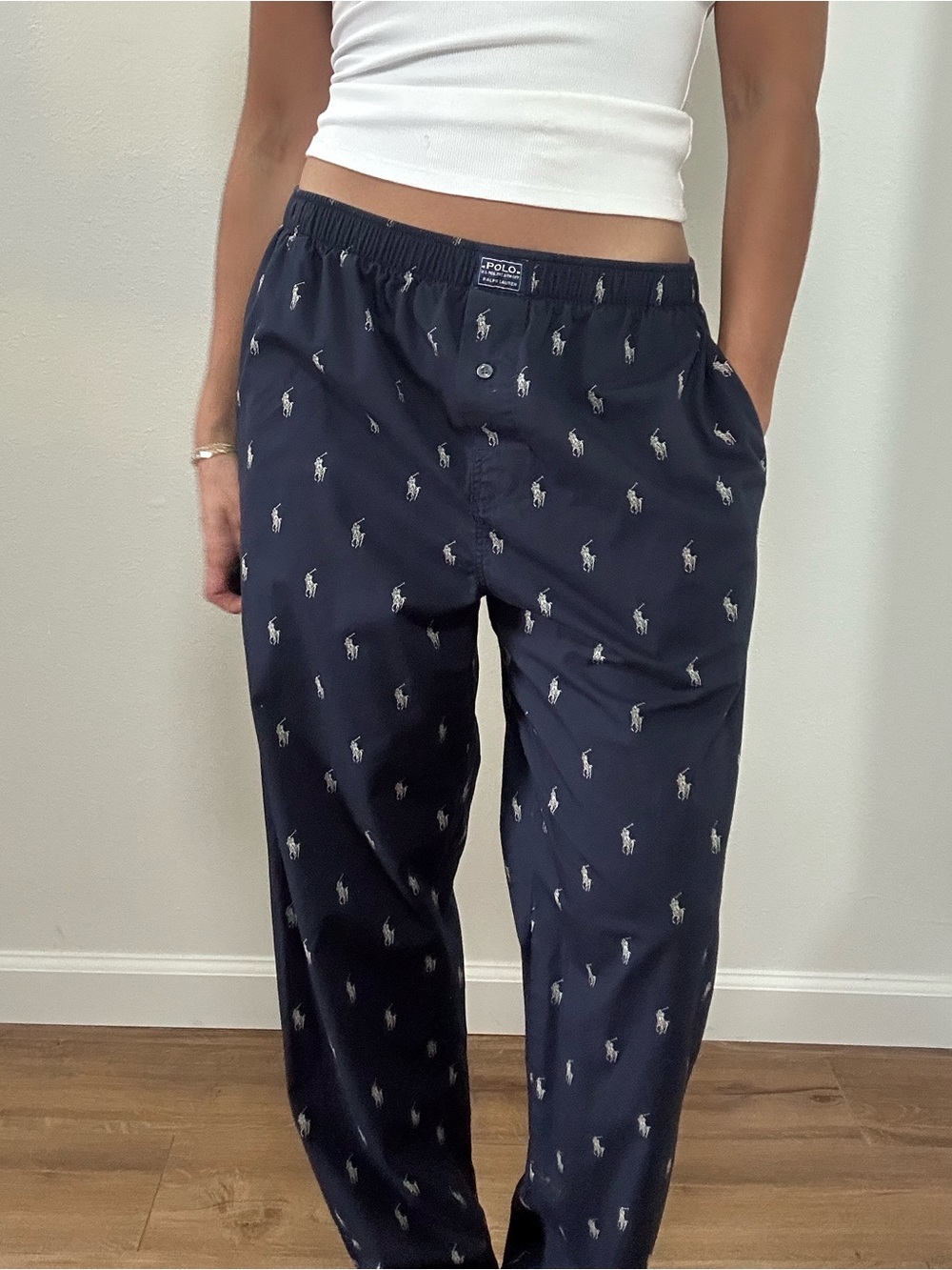 Polo by Ralph Lauren Navy All-Over Pony Logo Lounge Boxer Pants Wide Leg Size M